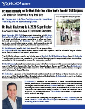 Dr. David Koslovsky and Dr. Mark Stein: Two of New York’s Premier Oral Surgeons Join Forces in the Heart of New York City'