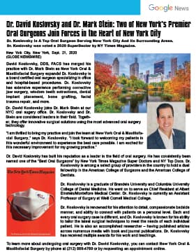 Dr. David Koslovsky and Dr. Mark Stein: Two of New York’s Premier
Oral Surgeons Join Forces in the Heart of New York City